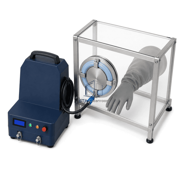High-angle view of the tester installed in an isolator glove port