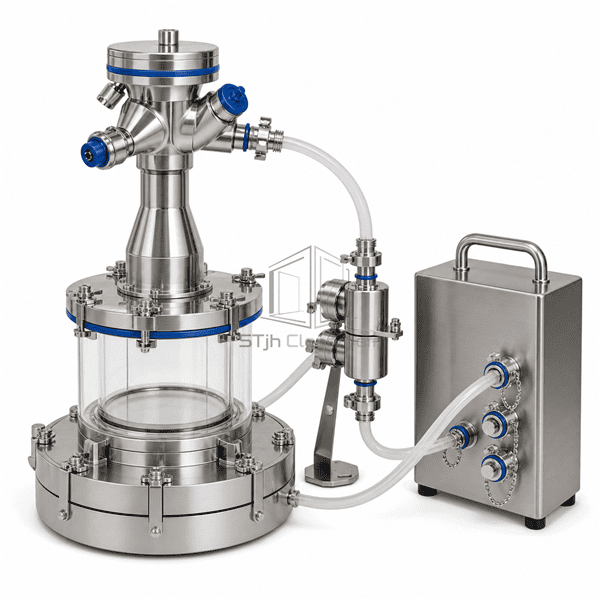 Three-quarter isolator sampling system showing sealed valves hoses and plate chamber