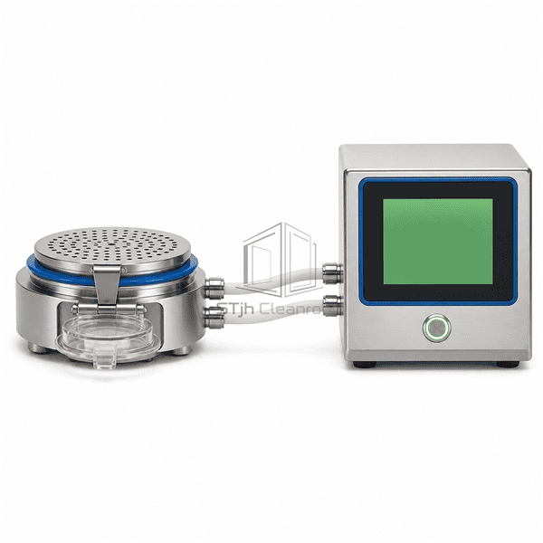 Front view of low-profile isolator sampling head linked to control module