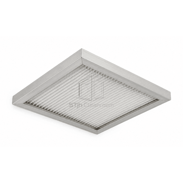 Low underside sealing-side view of the complete HEPA panel with projecting aluminum knife edge and mitered corners