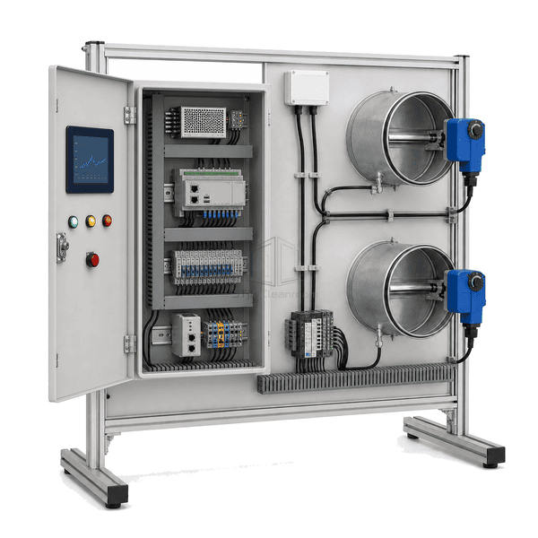 Open-cabinet interface view of Laboratory Negative Pressure Control System showing controller, I/O, power supply and network gateway