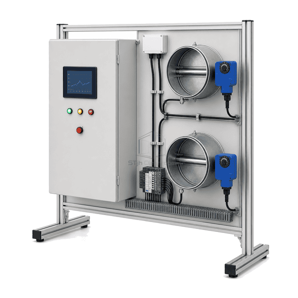Right-side service view of Laboratory Negative Pressure Control System emphasizing valve bodies, blue actuators and airflow pickups
