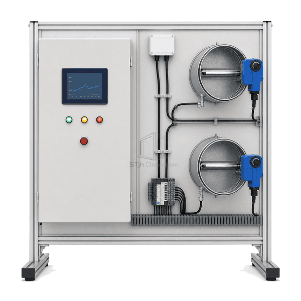 Straight front view of Laboratory Negative Pressure Control System showing HMI, status lights, pressure tubing and twin VAV valves
