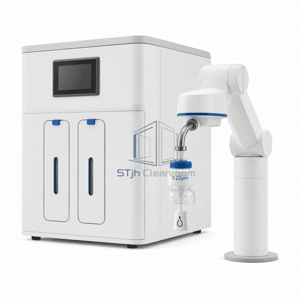 Laboratory ultrapure water system point-of-use filter and dispensing nozzle