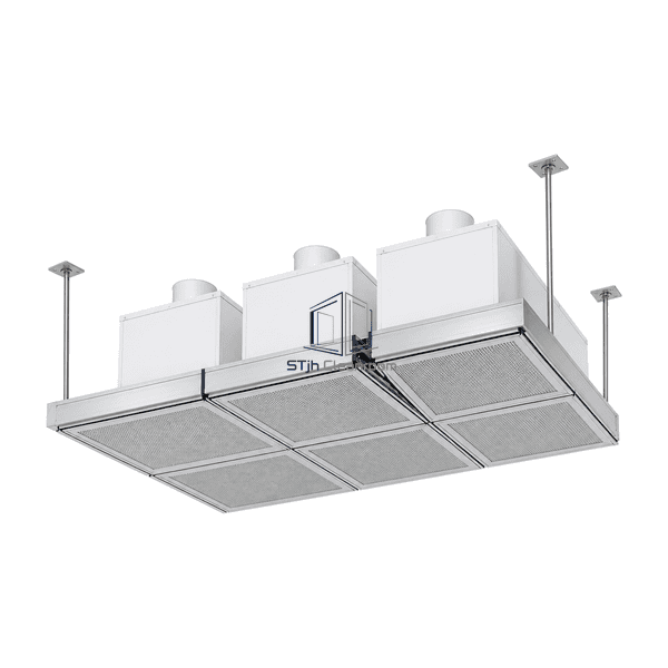 Close view of a gasketed filter module meeting the sealed ceiling grid