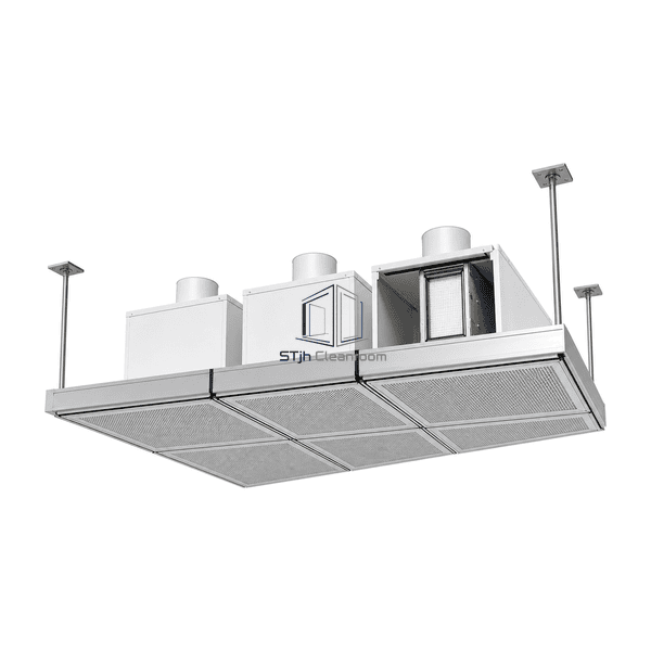 Side cutaway showing filter housings, plenum depth and diffuser panels