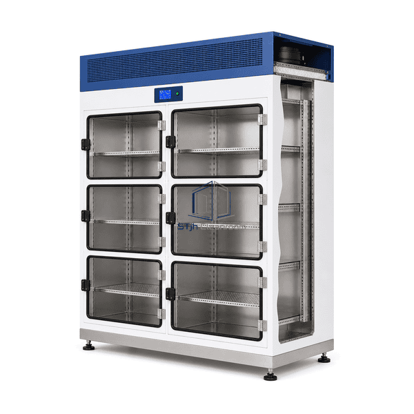 Side cutaway showing vertical airflow through perforated shelves
