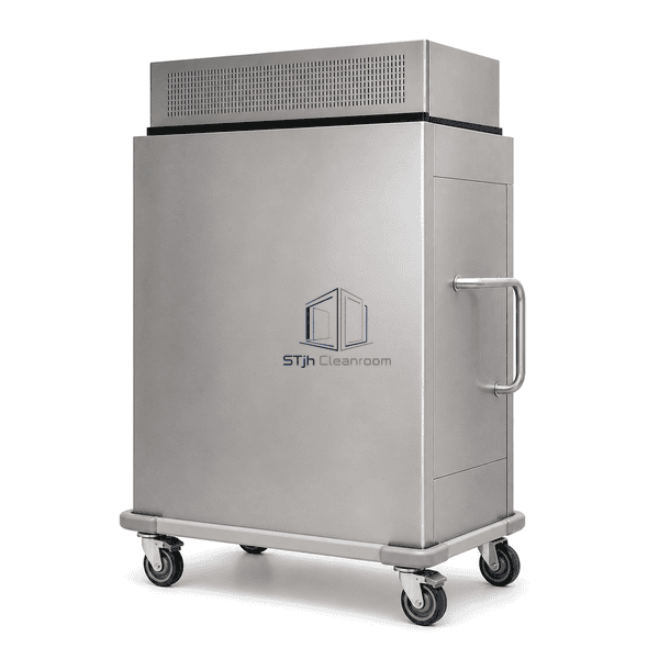 Laminar flow transport cart in complete rear three-quarter perspective