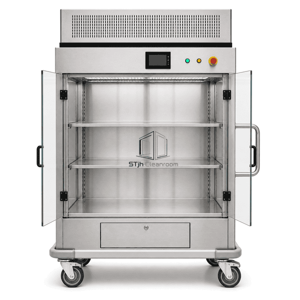 Open laminar flow transfer cart showing HEPA diffuser gasket and shelf rails