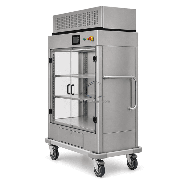 Laminar flow transfer cart side profile showing chamber depth and handle