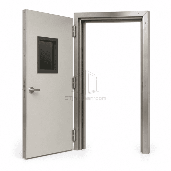 Lead-lined cleanroom door opened horizontally to show shielded frame overlap