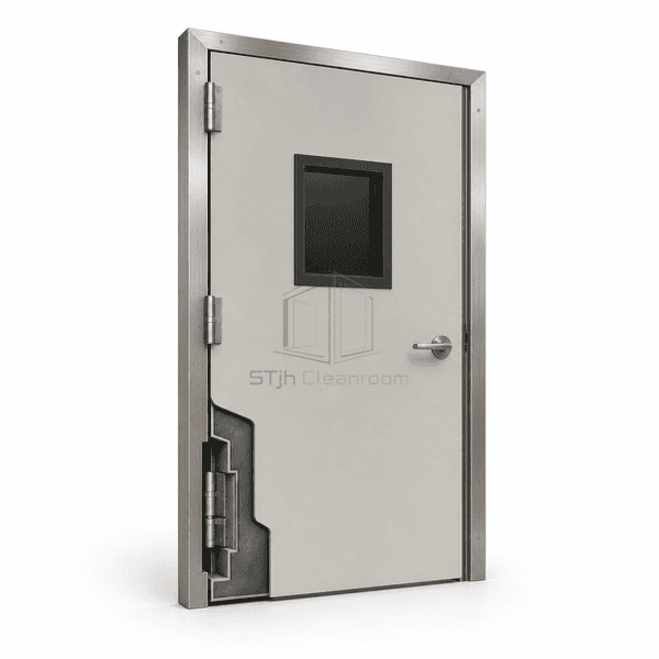 Lead-lined cleanroom door hinge edge and frame shielding overlap detail