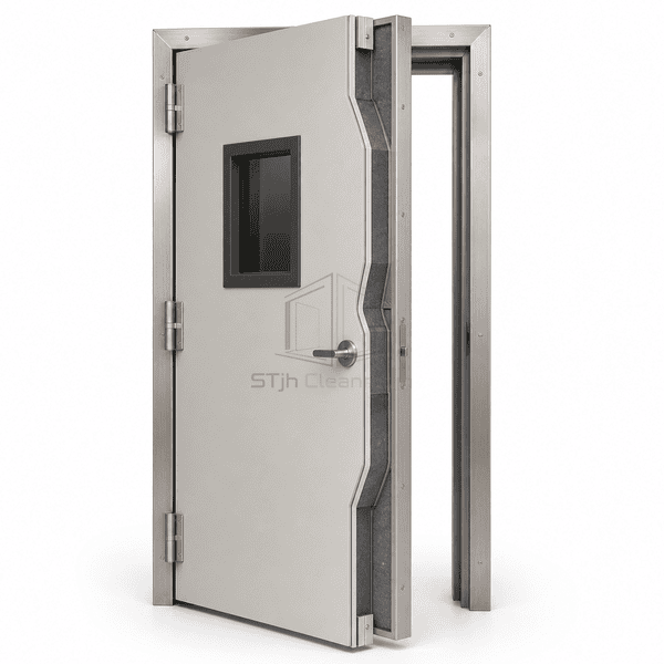 Lead-lined cleanroom door cutaway showing continuous internal lead sheet