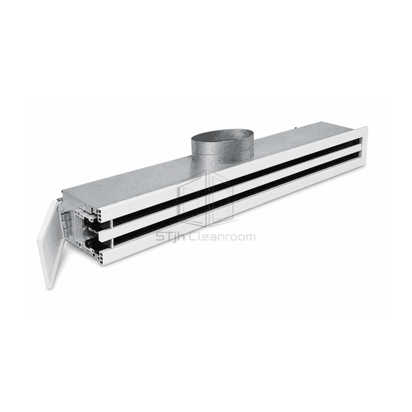 Cross-section of slot diffuser showing aluminum frame vanes and plenum