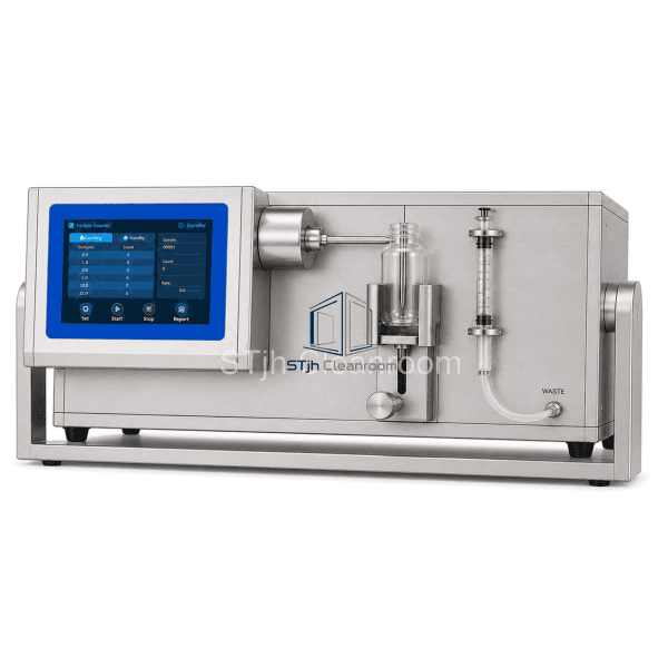 Liquid particle counter in complete horizontal laboratory orientation