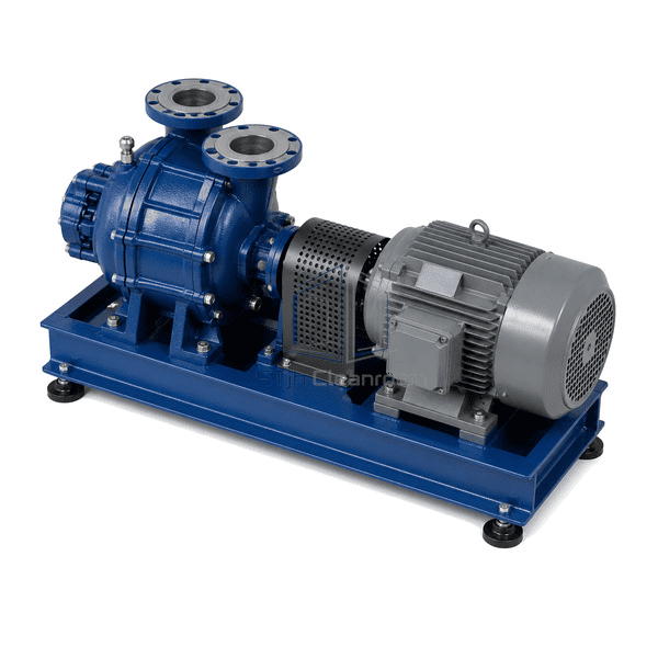 Complete liquid ring vacuum pump elevated rear view showing gas flanges, service-liquid inlet and central drain layout