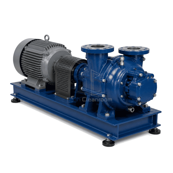 Complete liquid ring vacuum pump low opposite-side view emphasizing suction, discharge, service-liquid and drain interfaces