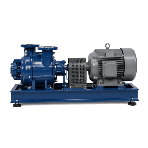 Complete liquid ring vacuum pump side view emphasizing the horizontal pump casing, guarded coupling and TEFC motor