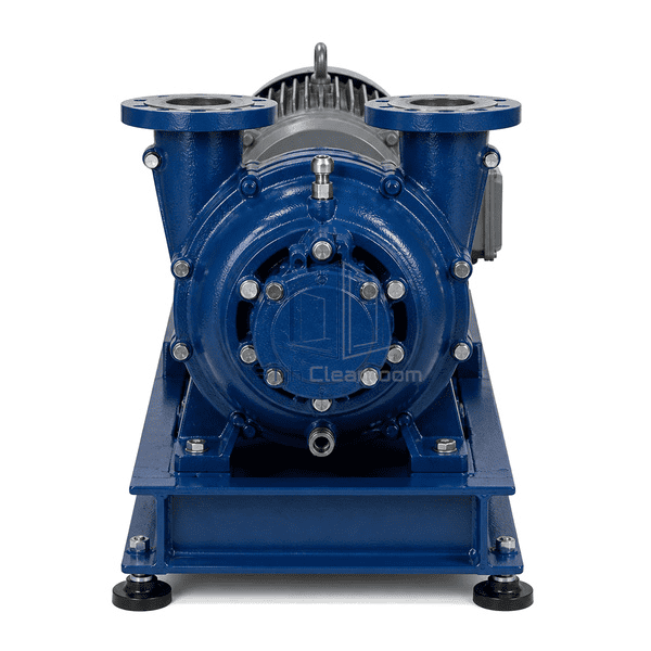 Liquid ring vacuum pump straight pump-end view showing two DN125 gas flanges, bearing housings and low drain