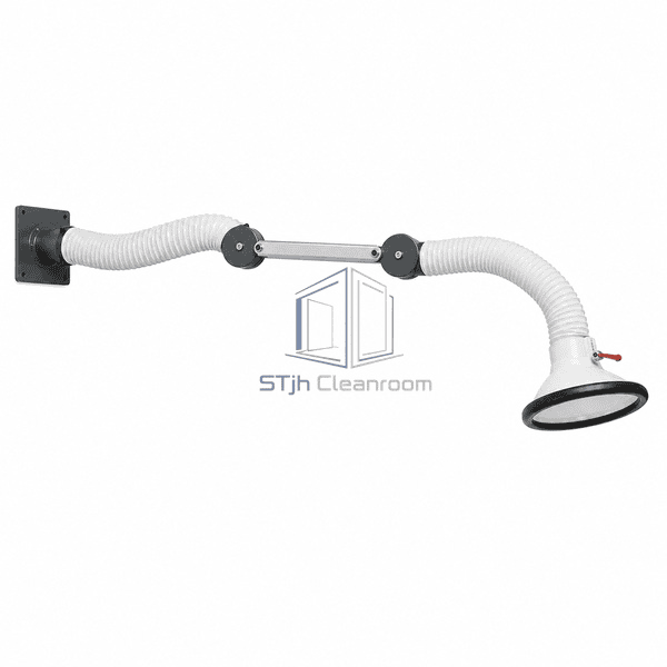 Local exhaust hood complete horizontal working position showing the wall bracket, extended arm geometry and hood orientation