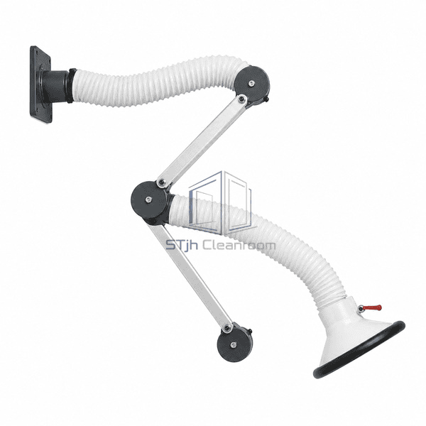 Local exhaust hood complete side view emphasizing the flexible hose, external support links and three adjustable friction joints