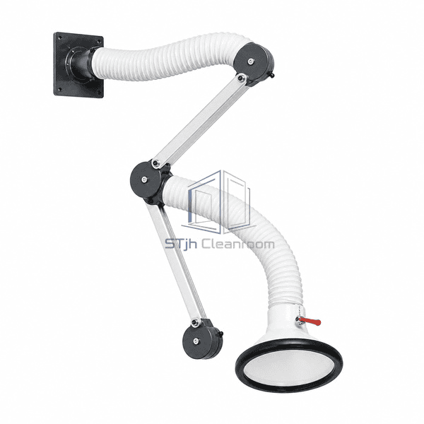 Local exhaust hood complete upright front view showing the full articulated reach and centered circular capture opening