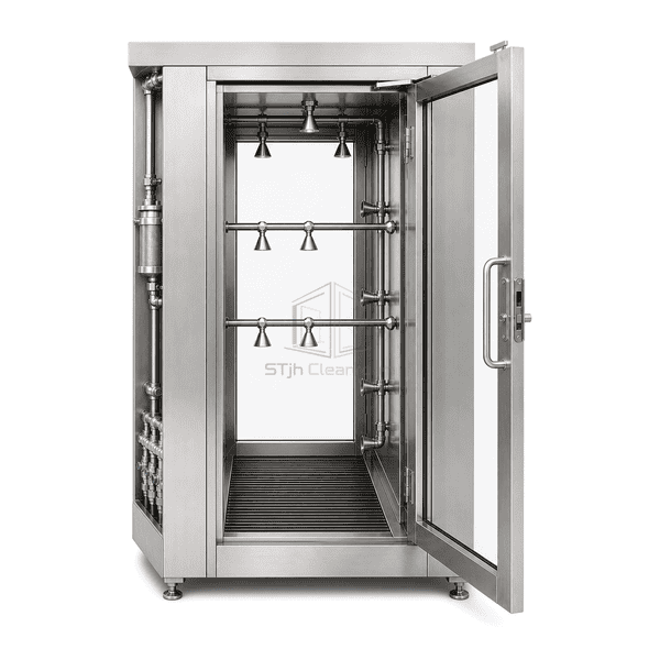 Front view of the wet-down shower entrance and cycle-status panel