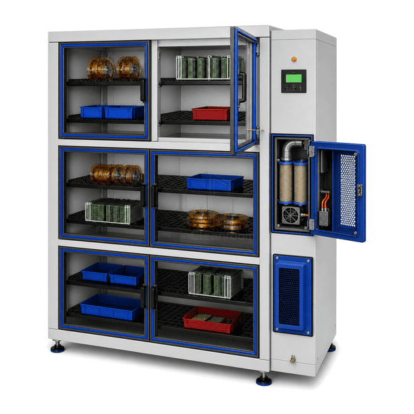 Open low-humidity cabinet showing molecular-sieve module air channel gasket and conductive shelves