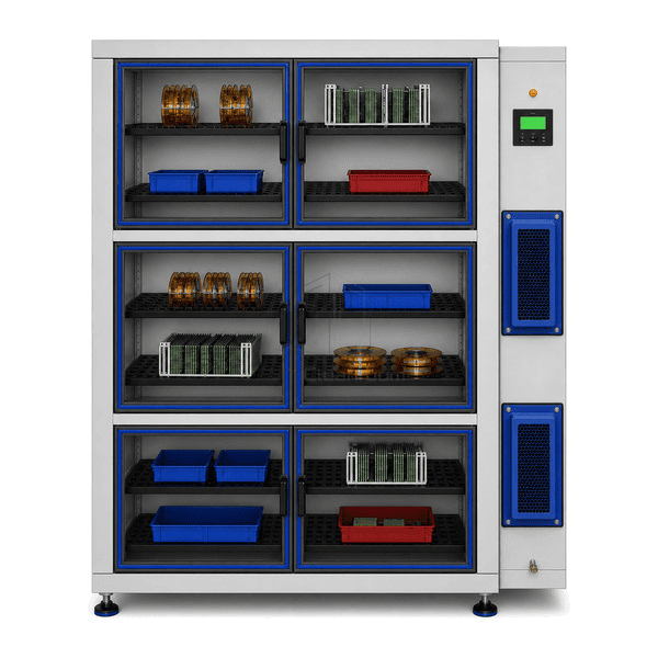 Front view of electronic component dry cabinet and RH controller