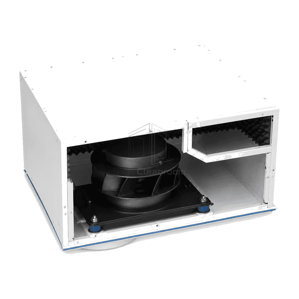 Top-down view of the low-noise FFU rounded intake, vibration mounts and controller