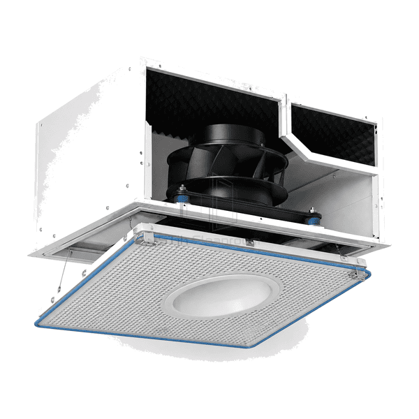 Complete low-noise FFU showing isolated ceiling flange, closed-cell gasket and sealed filter frame