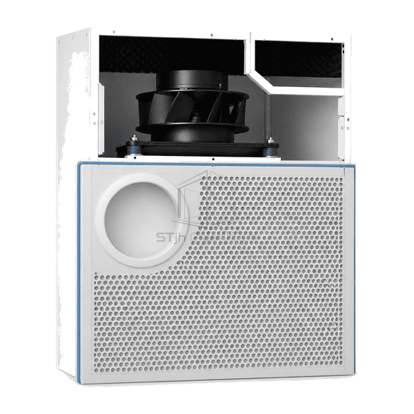 Upright front view of the quiet FFU diffuser, inlet bell and acoustic service openings