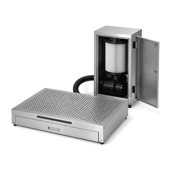Side view of low-profile sole-cleaner tray with remote suction cabinet