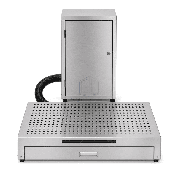 Front view of low stainless steel adhesive mat tray and separate cabinet