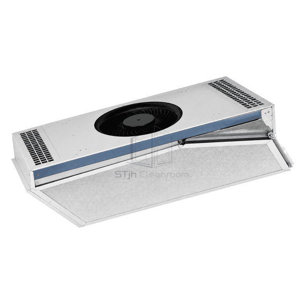 Complete low-profile FFU showing slim ceiling flange, perimeter gasket and filter seal