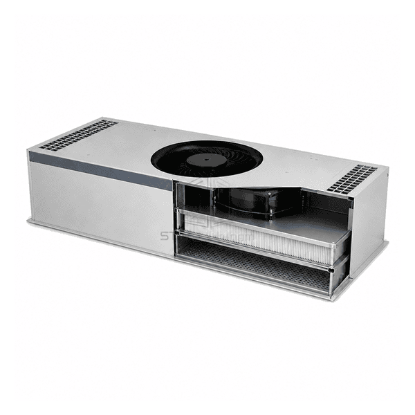 Open side section of the low-profile fan filter unit showing the recessed blower and filter pack
