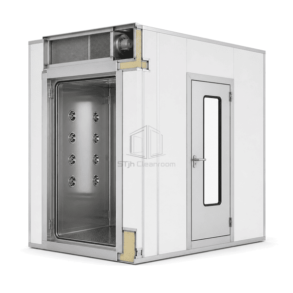 Side cutaway showing thick PIR panels and separated blower compartment