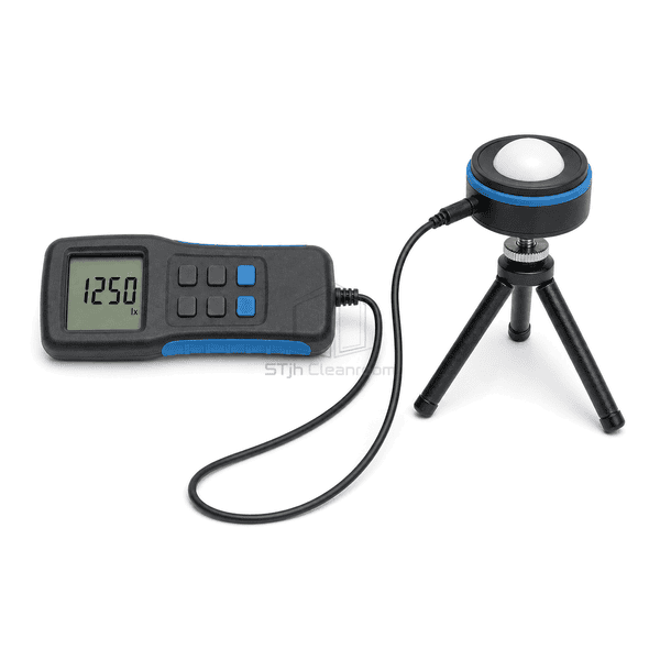 Lux meter horizontal full view with indicator, curved sensor cable, light receiver and deployed three-leg mini tripod