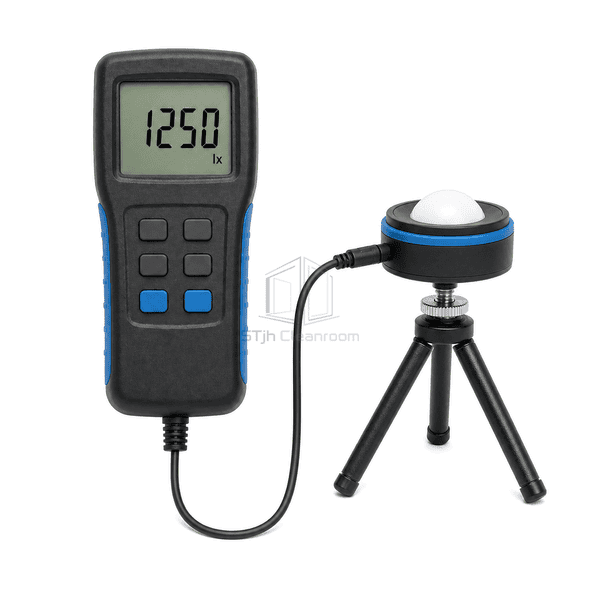 Lux meter front view showing monochrome illuminance display, six buttons and separate cosine-corrected sensor