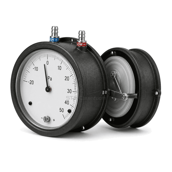 Side view of Magnehelic gauge showing diaphragm case and high-low ports