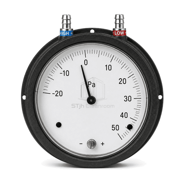 Front view of mechanical differential pressure gauge with clear low-pressure scale