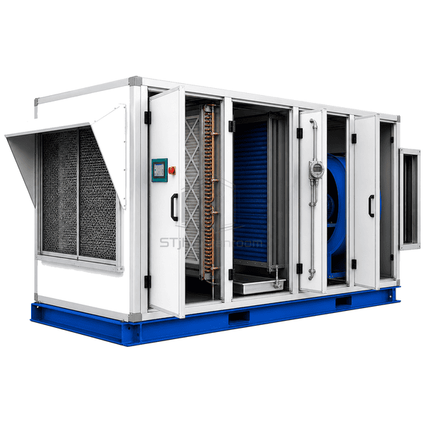 Open makeup unit showing filters heating coil cooling coil and fan