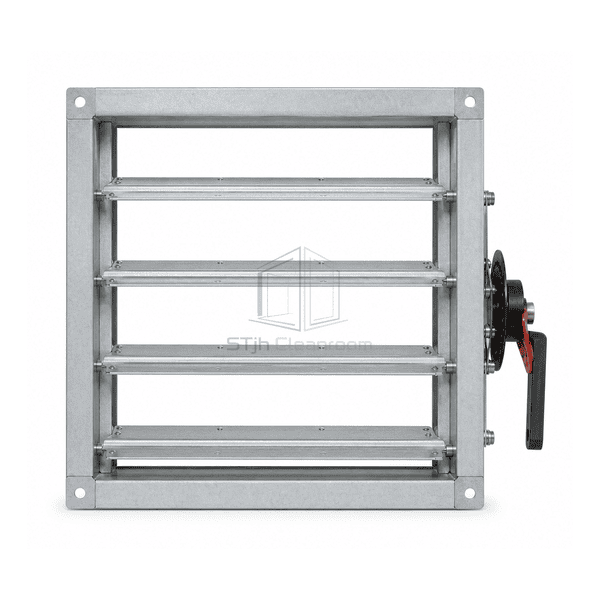Front view of manual balancing damper with opposed 3V blades