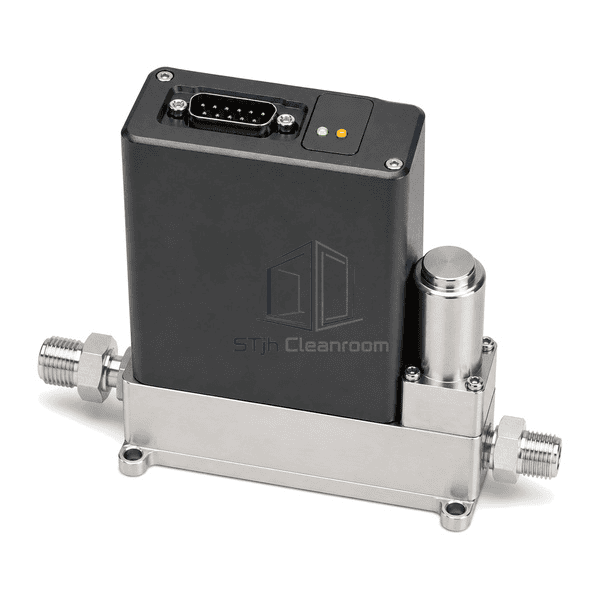 Mass flow controller complete elevated rear view showing both face-seal ports, D-sub connector and status indicators