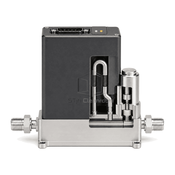 Mass flow controller complete side cutaway revealing the thermal bypass sensor, main flow passage, valve plunger and seat