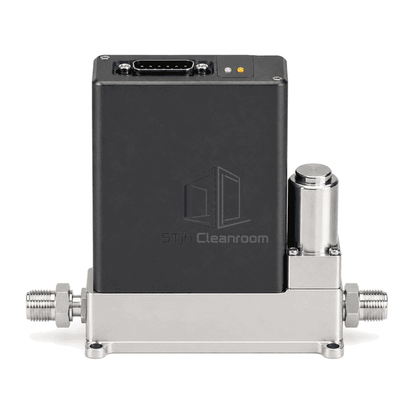 Mass flow controller upright front view showing the full electronics housing, normally closed valve module and opposed gas fittings
