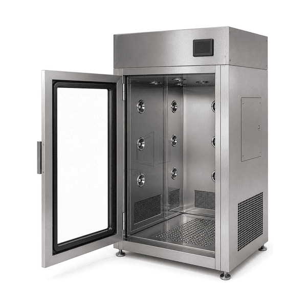 Open chamber view of package-cleaning nozzles and return grilles