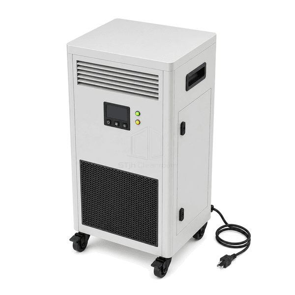 Elevated complete view of mobile medical air disinfection unit showing flat top, cabinet depth, controls, grilles and power cord