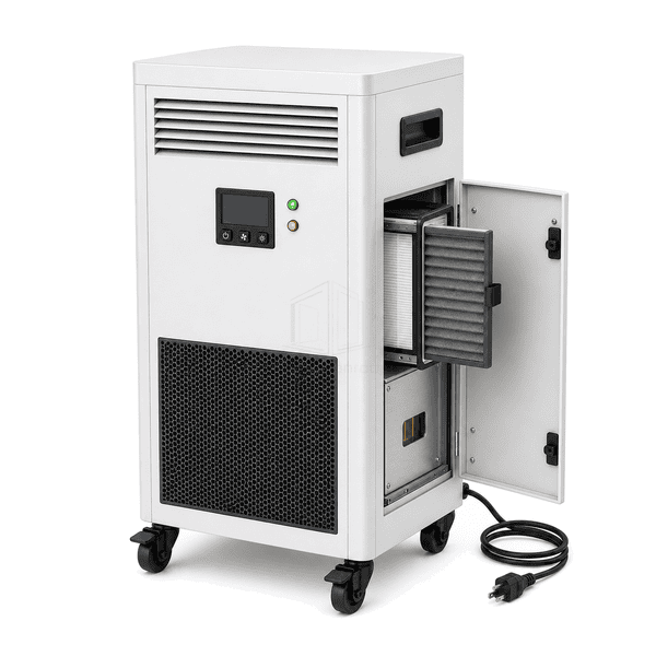 Medical air disinfection unit with service door open and prefilter partly withdrawn from the gasketed HEPA filter rail