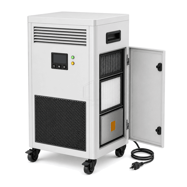 Open-service-door side view of medical air disinfection unit showing prefilter, HEPA filter and enclosed UV-C chamber